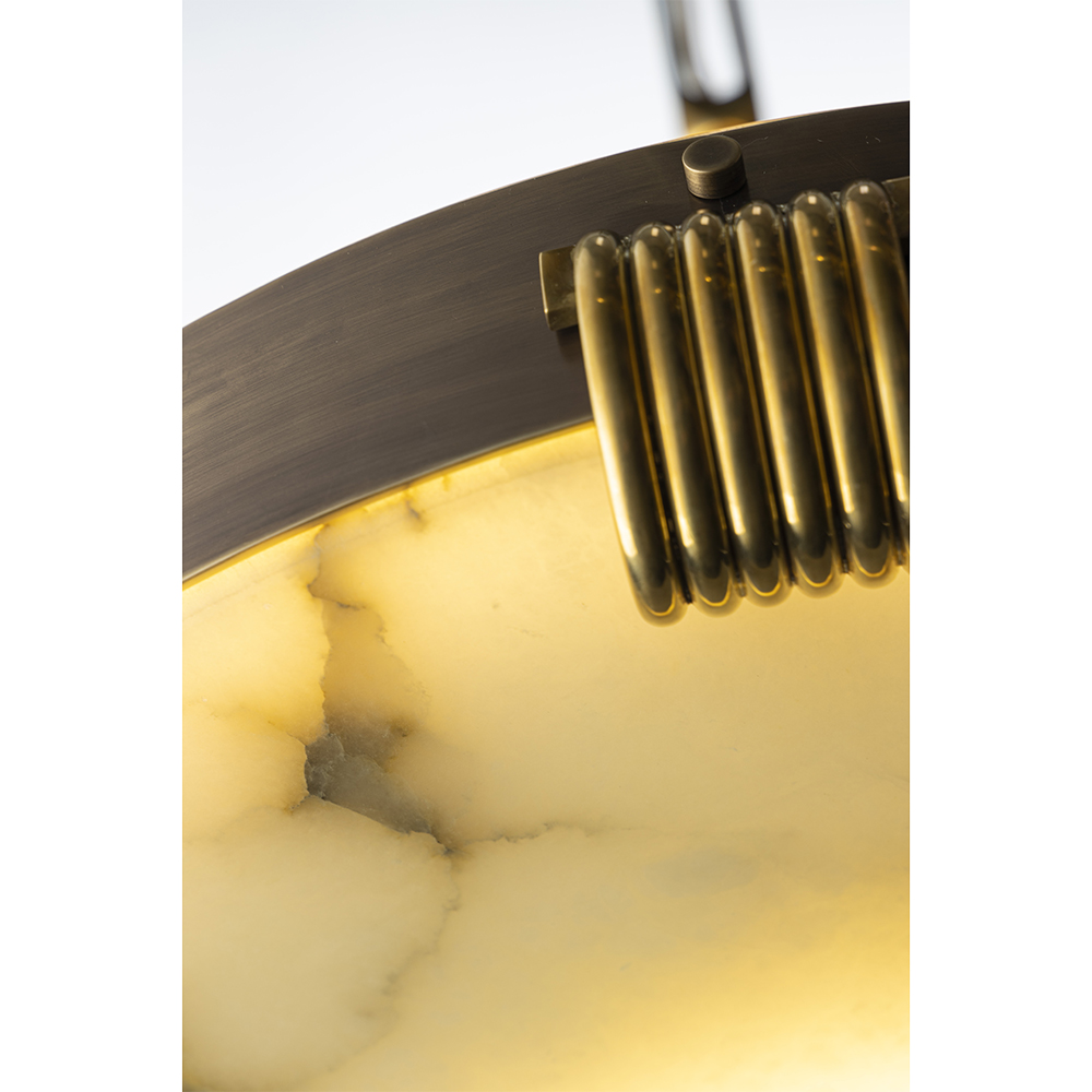Brass chandelier in burnished  and natural brass finish with alabaster and up part closure with perspex.