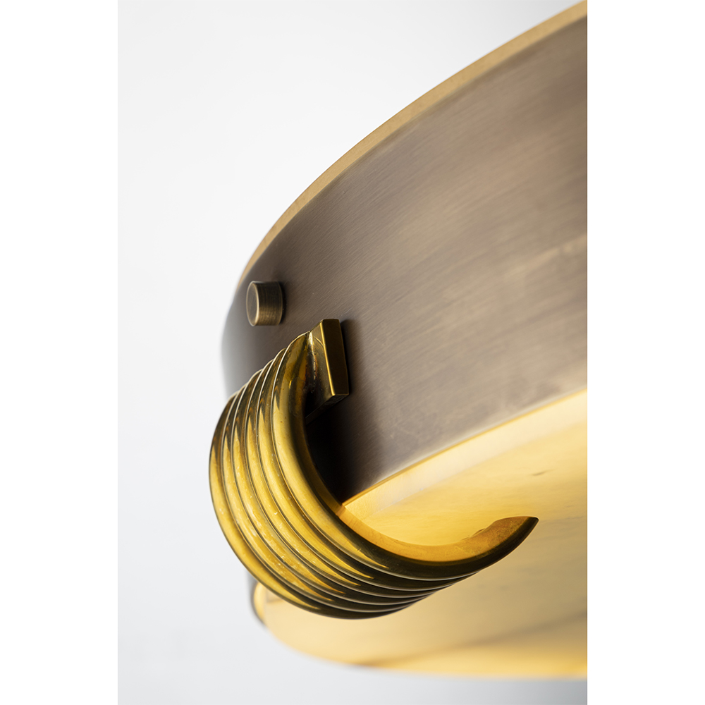 Brass chandelier in burnished  and natural brass finish with alabaster and up part closure with perspex.