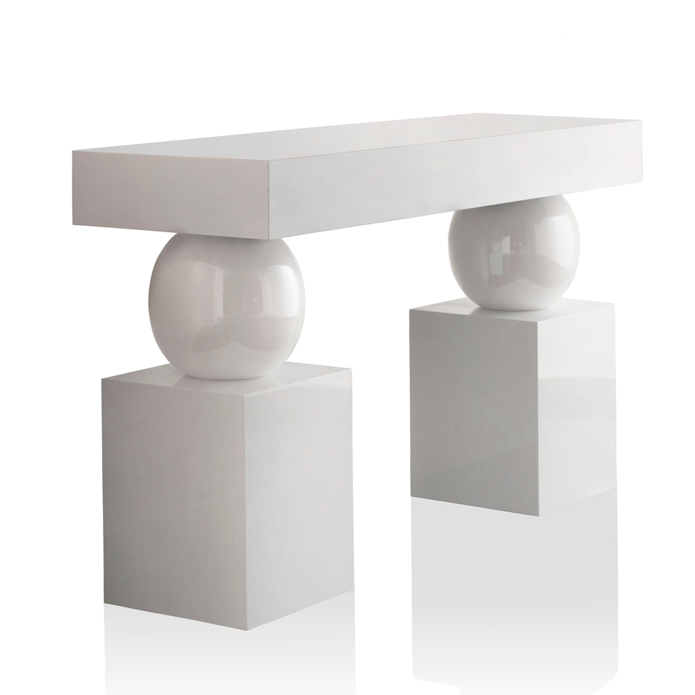 Console table with glossy white lacquered wooden bases and surface Hand turned and pearl white glazed majolica spheres