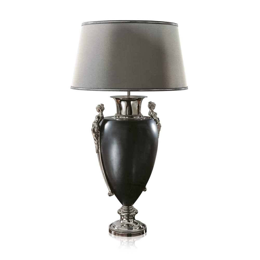 Majolica lamp with chromed brass Grey silver lamè lampshade