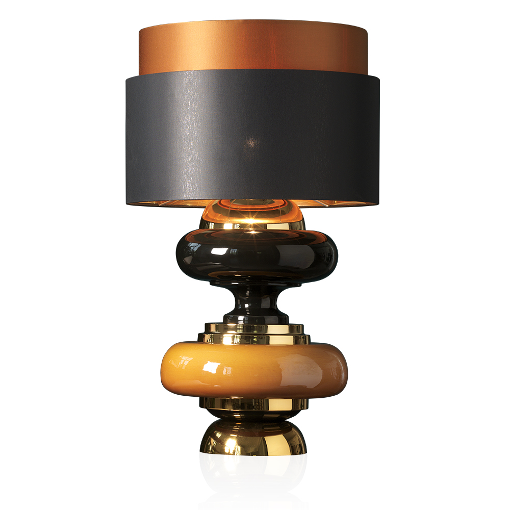 Lamp composed in amber and black majolica golden brass with double lampshade 
