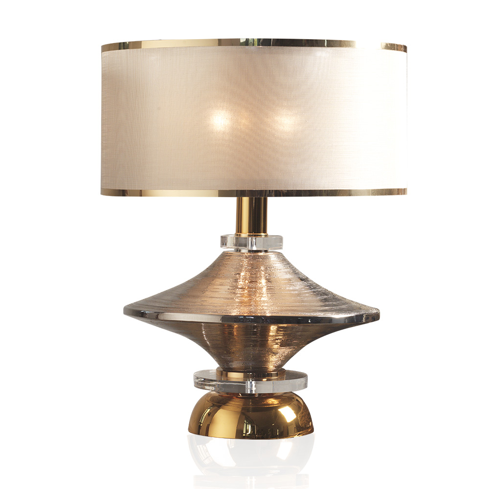 Lamp composed of engraved majolica and platinum plated details in nickel and golden brass and plexiglass and double lampshade 