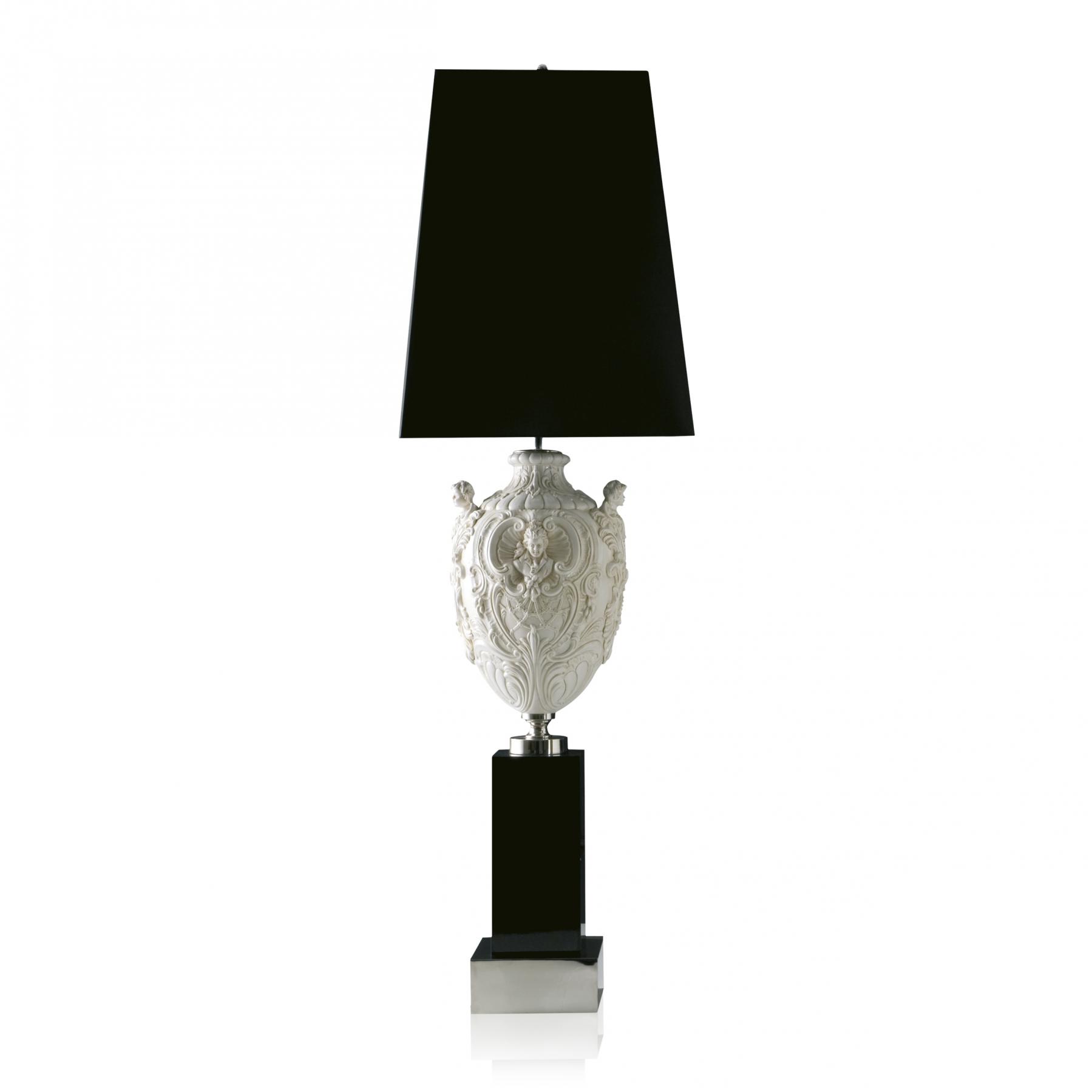 Floor lamp with hand engraved and glazed majolica central structure Chromed brass base and details Glossy black lacquered wooden Black lampshade