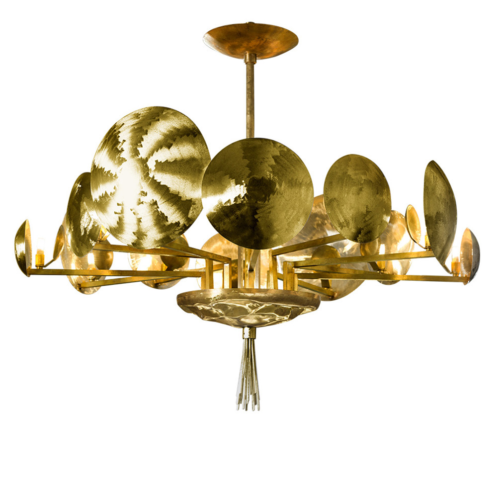 Chandelier all engraved by hand in “Fabric Effect”in a natural brass.