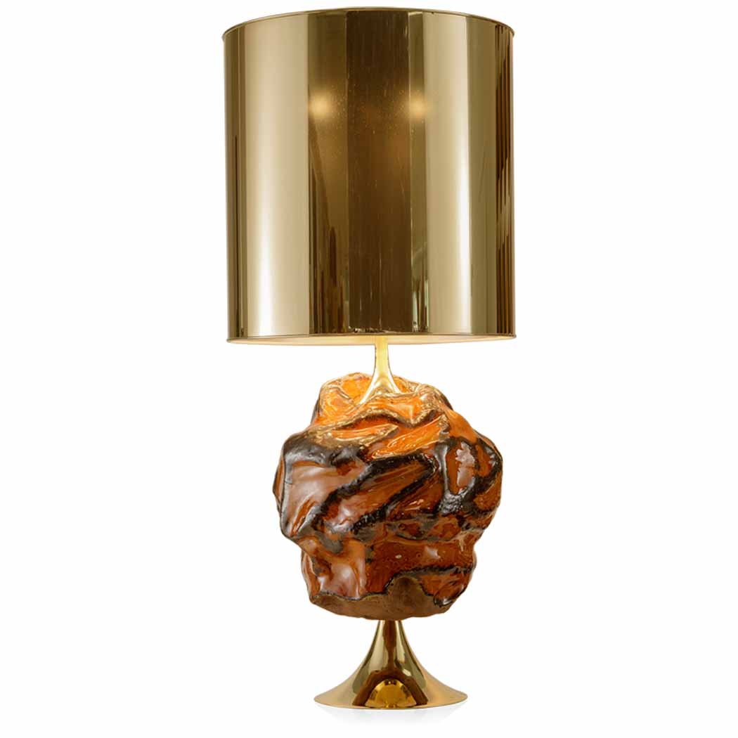 Amber enamel enameled ceramic lamp with bronze mergers in gold. The lampshade is in gold polycarbonate