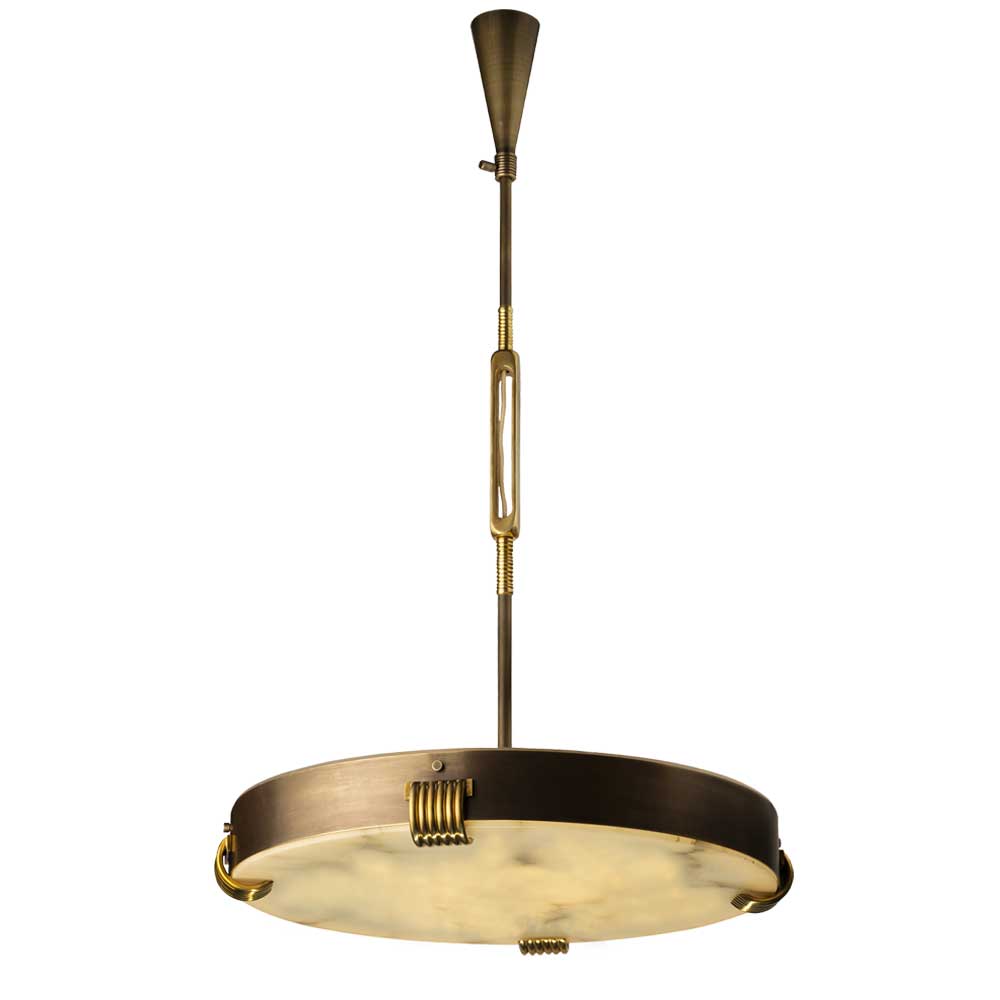 Brass chandelier in burnished  and natural brass finish with alabaster and up part closure with perspex.